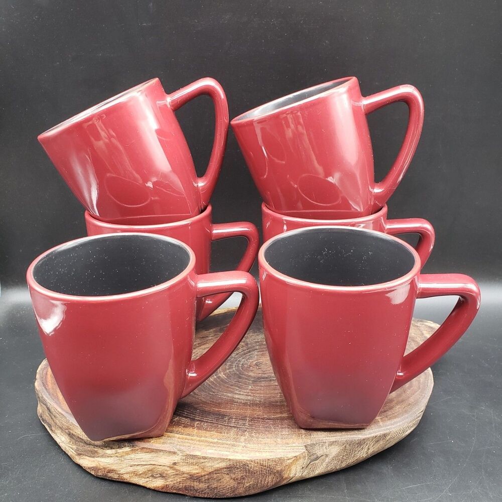 Set of 6 Pfaltzgraff Eastside Coffee Mugs Burgundy Red Black Stoneware Retired
